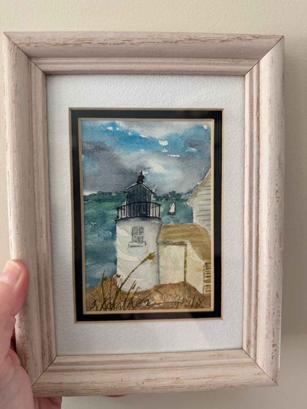 Framed Vintage Lighthouse Watercolor Wall Art in Cream and Blue. Artist Signed.